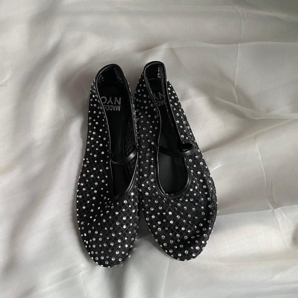 Madden NYC Mesh Rhinestone Black Ballet Flats Shoes 9 Chic Glam Bedazzled Formal